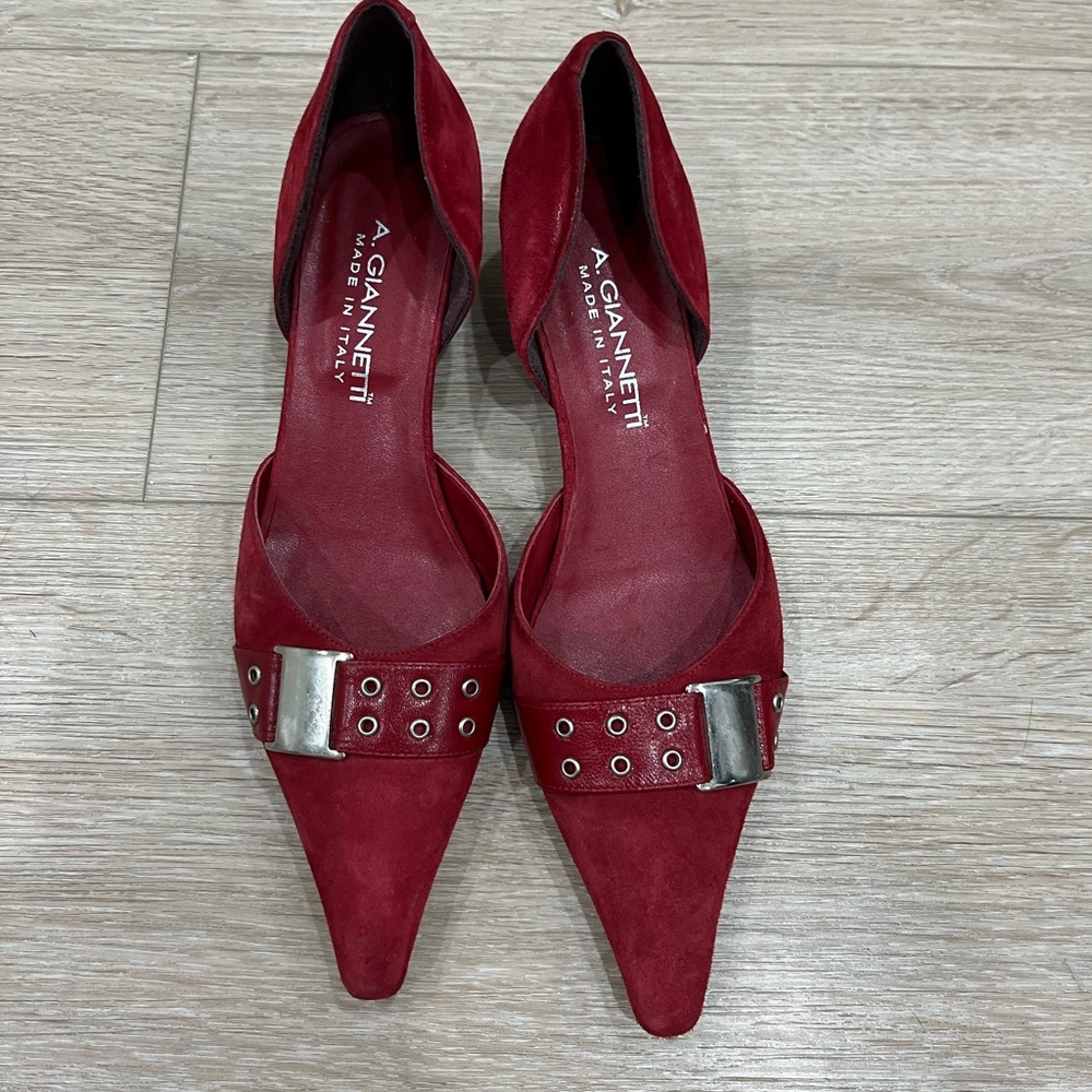A. Giannetti Women's Red Suede Heels with Silver Buckle